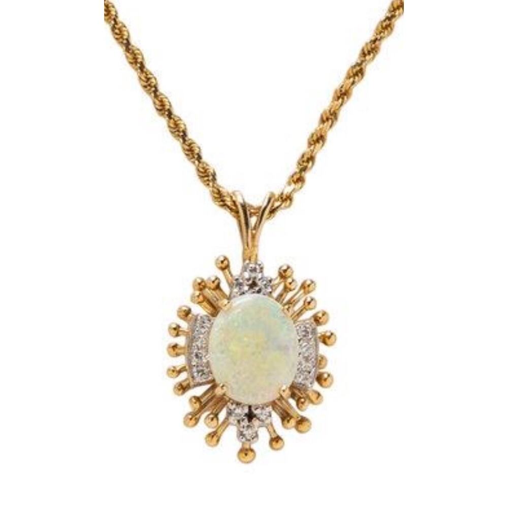 Vintage Cabochon Opal & Diamond Halo Pendant Necklace 14K Gold
